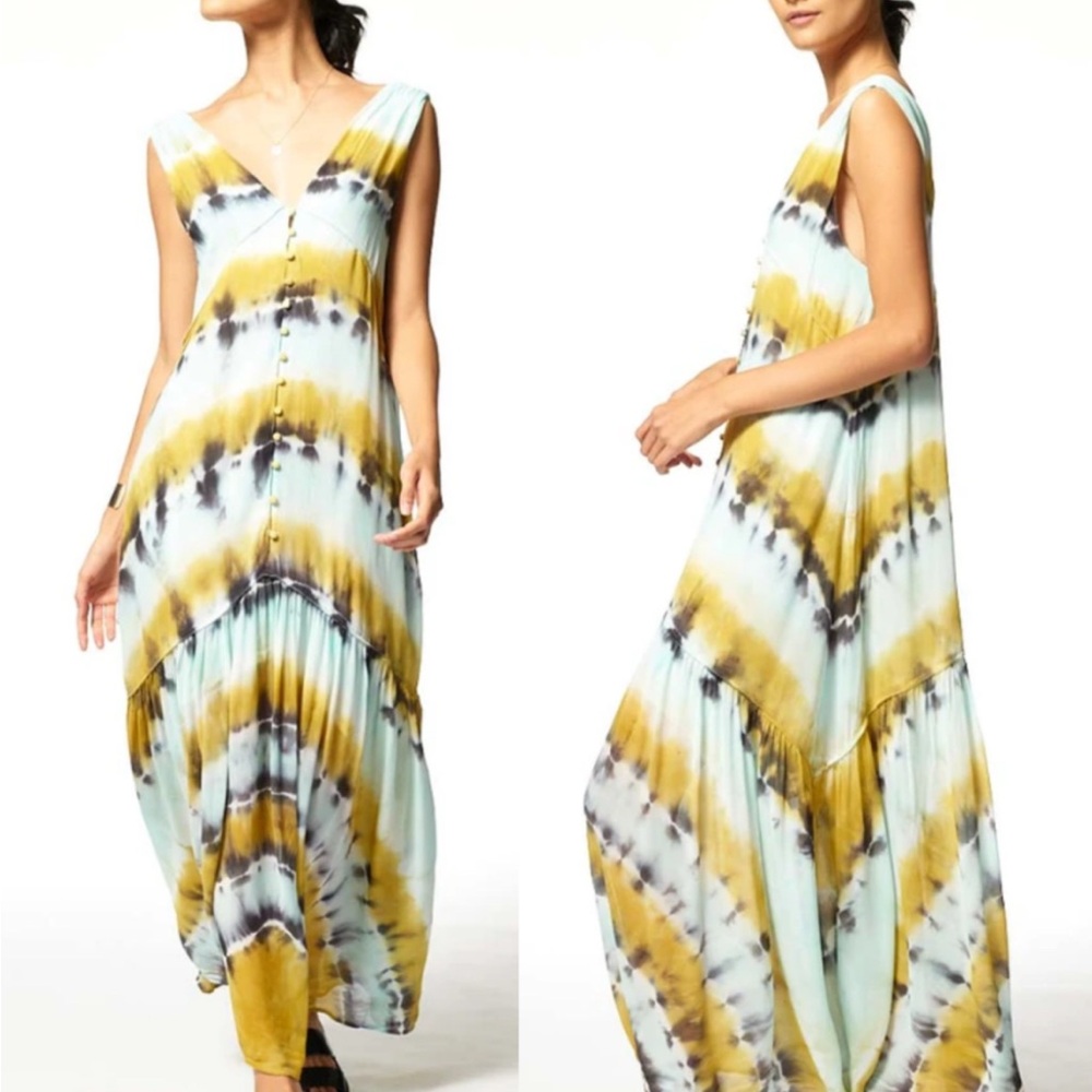 YOUNG FABULOUS & BROKE YFB Raquel Tie Dye Maxi Dress in Olive Harmony Wash sz S
